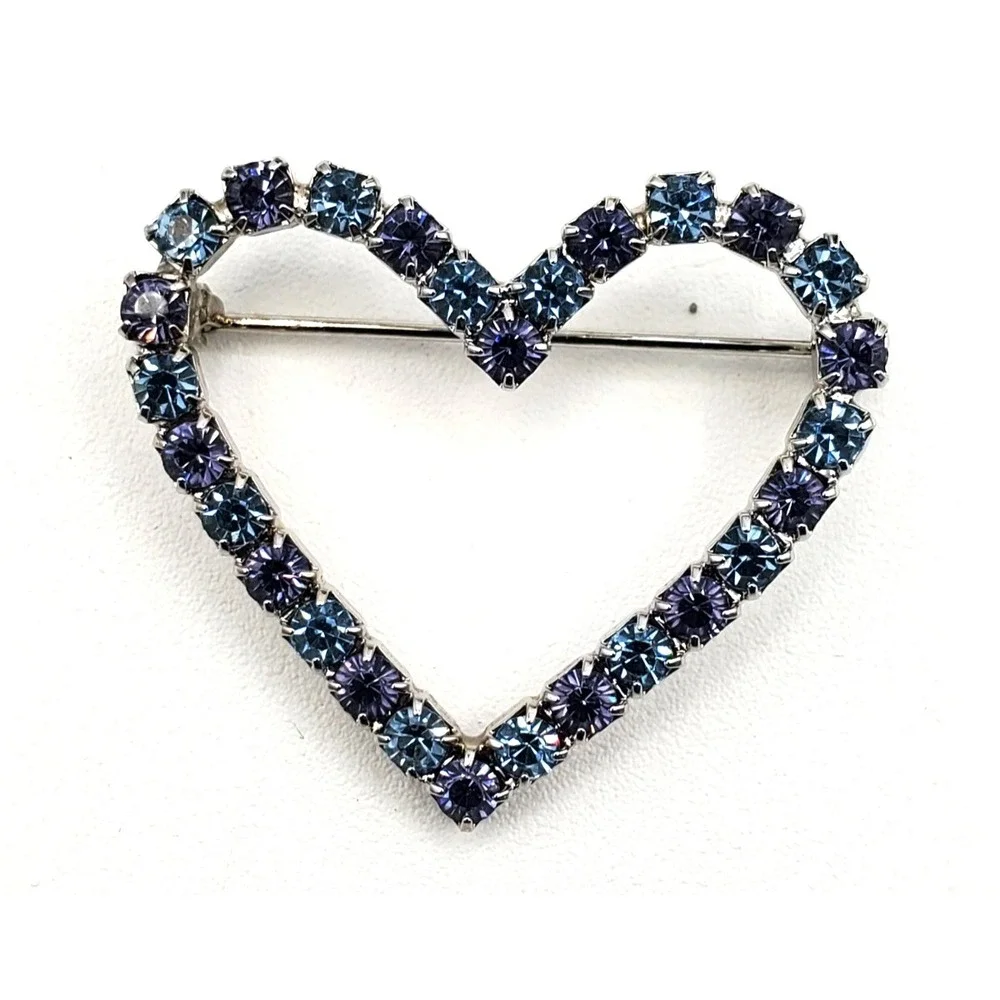 Vintage Purple and Blue Rhinestone Heart Pin